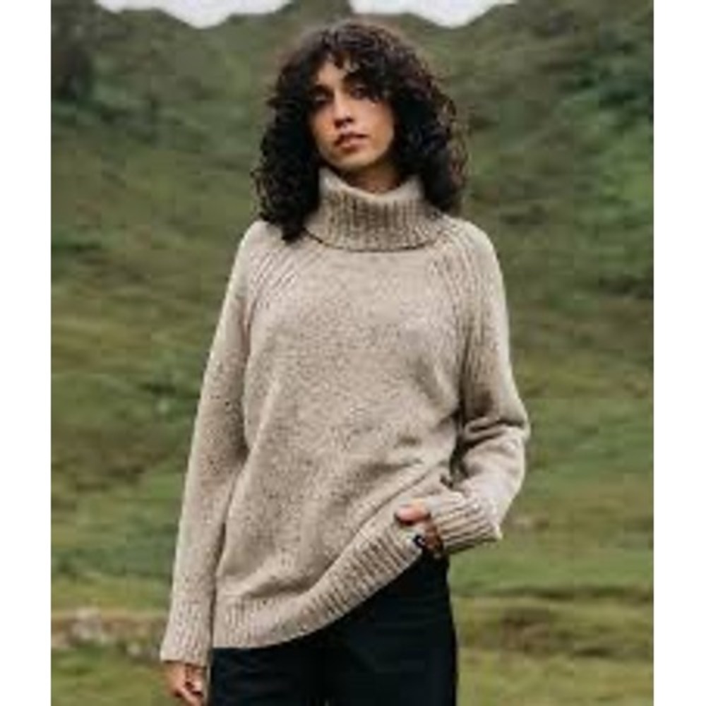 Finisterre The Farne Merino Wool Turtleneck Sweater Beige Flecked Knit Size 10